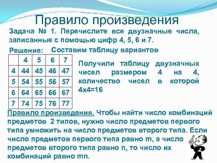 Правило произведения Задача № 1. Перечислите все двузначные числа, записанные с помощью цифр 4,