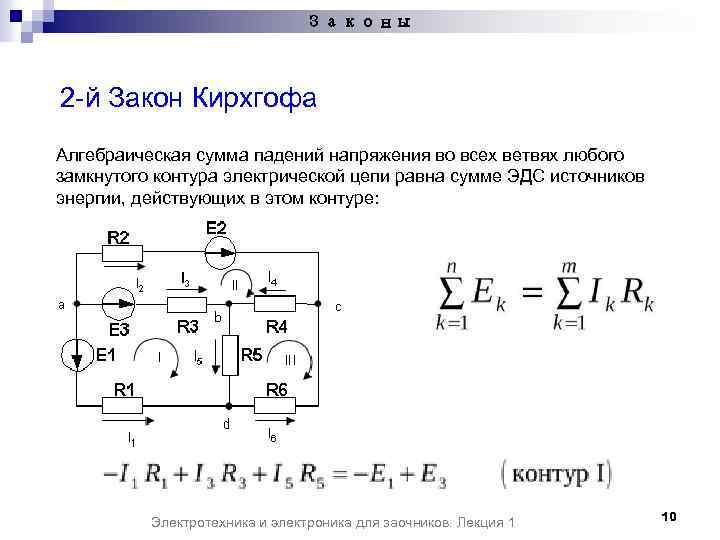 Законы 2 -й Закон Кирхгофа Алгебраическая сумма падений напряжения во всех ветвях любого замкнутого