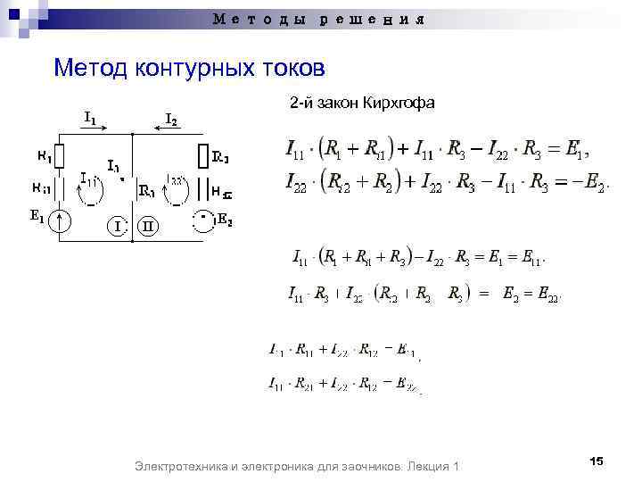 Методы решения Метод контурных токов 2 -й закон Кирхгофа Электротехника и электроника для заочников.