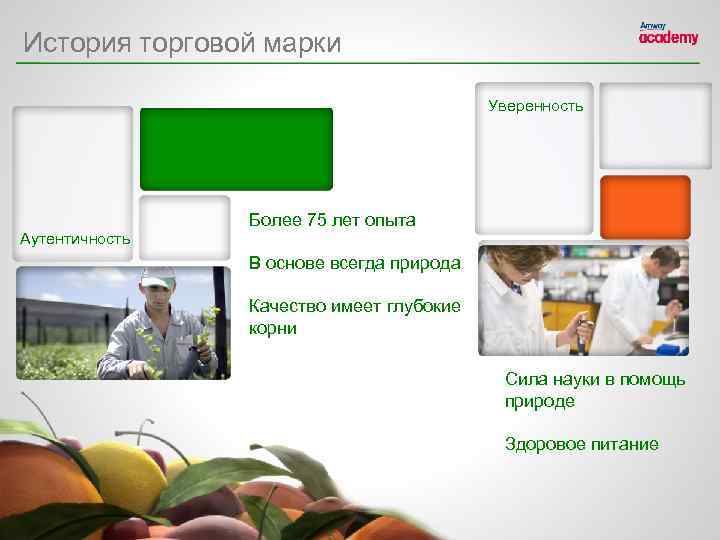 История торговой марки Уверенность Аутентичность Более 75 лет опыта В основе всегда природа Качество