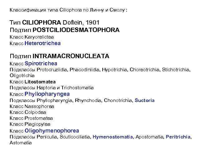 Классификация типа Ciliophora по Линну и Смолу : Тип CILIOPHORA Doflein, 1901 Подтип POSTCILIODESMATOPHORA