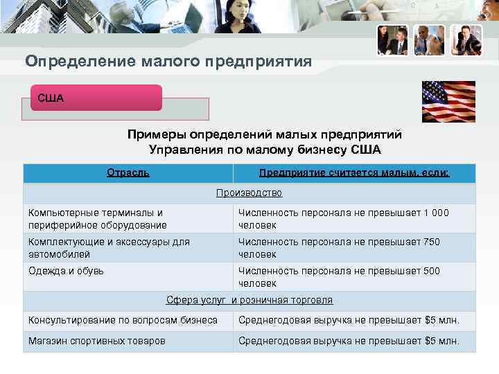 Определение малого предприятия США Примеры определений малых предприятий Управления по малому бизнесу США Отрасль