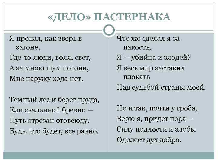  «ДЕЛО» ПАСТЕРНАКА Я пропал, как зверь в загоне. Где-то люди, воля, свет, А