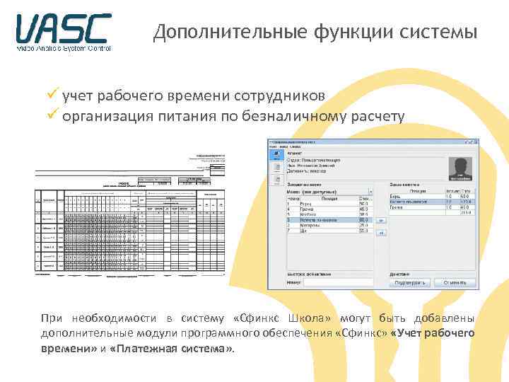 Дополнительные функции системы ü учет рабочего времени сотрудников ü организация питания по безналичному расчету