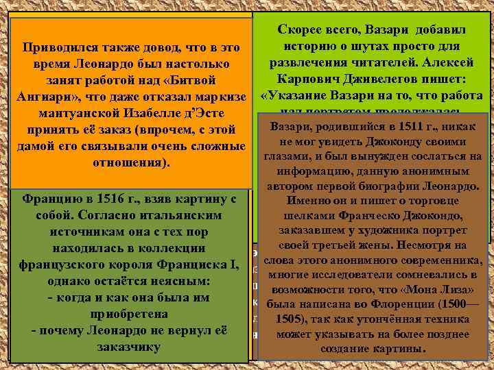 Скорее всего, Вазари добавил «Мона Лиза» ( «Джоконда» ) (1503 – 1505) Дж. Вазари: