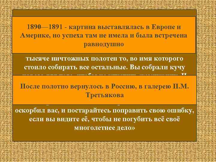 Л. Н. Толстой написал Третьякову резкое письмо: 1890— 1891 картина выставлялась в Европе и