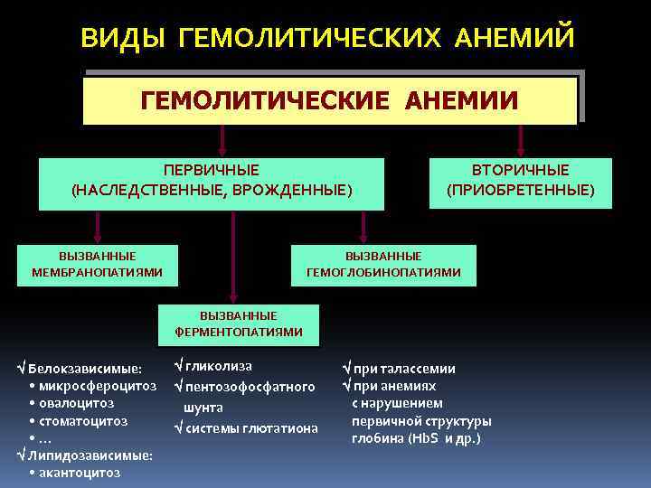 ВИДЫ ГЕМОЛИТИЧЕСКИХ АНЕМИЙ ГЕМОЛИТИЧЕСКИЕ АНЕМИИ ПЕРВИЧНЫЕ (НАСЛЕДСТВЕННЫЕ, ВРОЖДЕННЫЕ) ВЫЗВАННЫЕ МЕМБРАНОПАТИЯМИ ВТОРИЧНЫЕ (ПРИОБРЕТЕННЫЕ) ВЫЗВАННЫЕ ГЕМОГЛОБИНОПАТИЯМИ