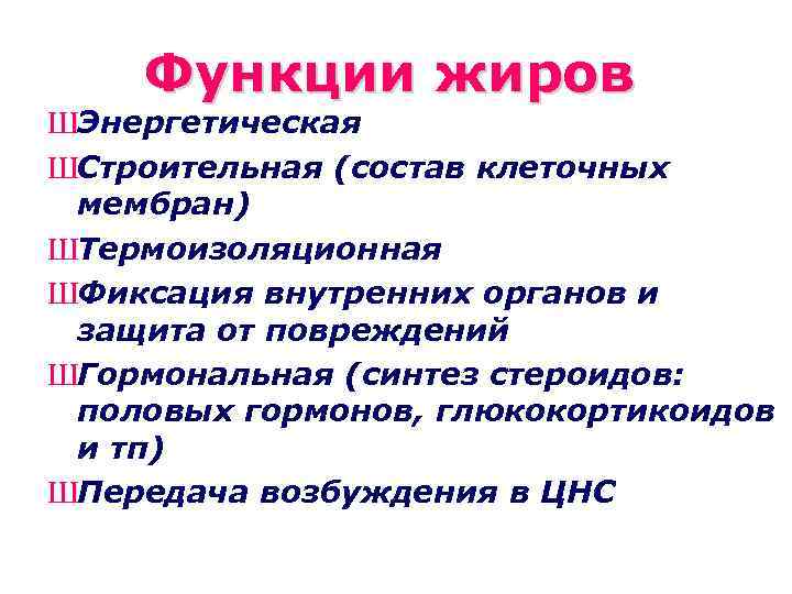 Функции жиров ШЭнергетическая ШСтроительная (состав клеточных мембран) ШТермоизоляционная ШФиксация внутренних органов и защита от