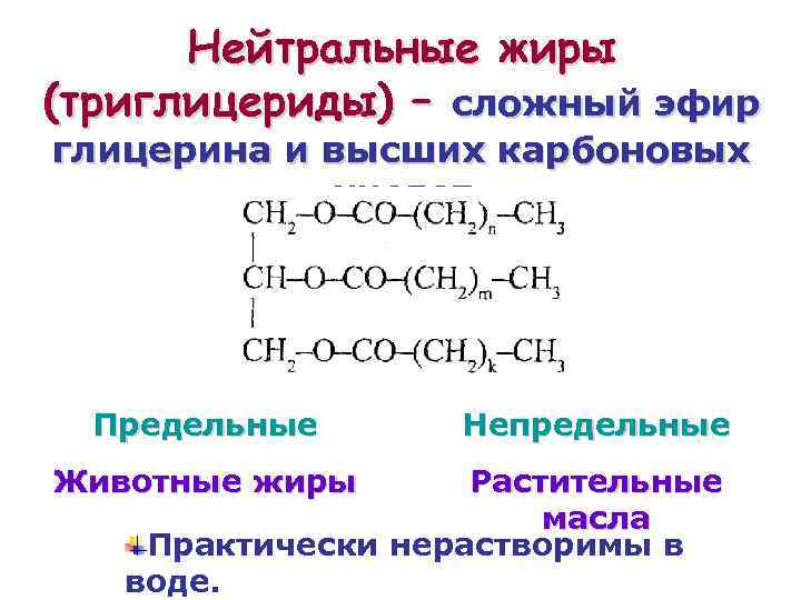 Нейтральные жиры (триглицериды) – сложный эфир глицерина и высших карбоновых кислот Предельные Животные жиры