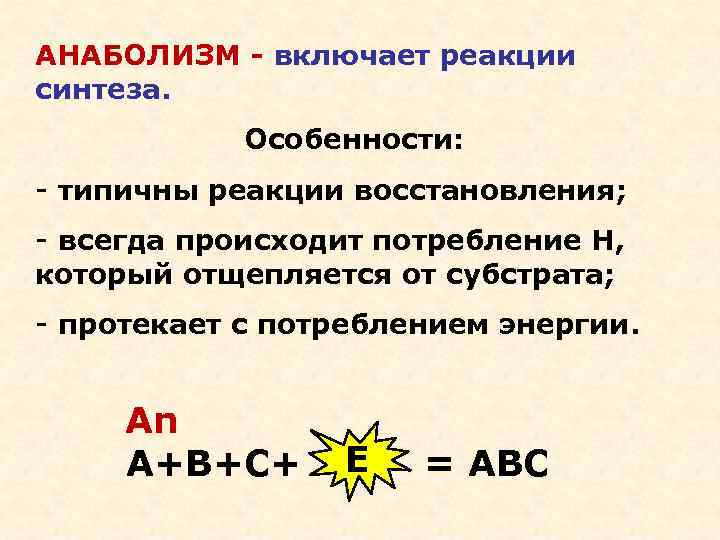 АНАБОЛИЗМ - включает реакции синтеза. Особенности: - типичны реакции восстановления; - всегда происходит потребление