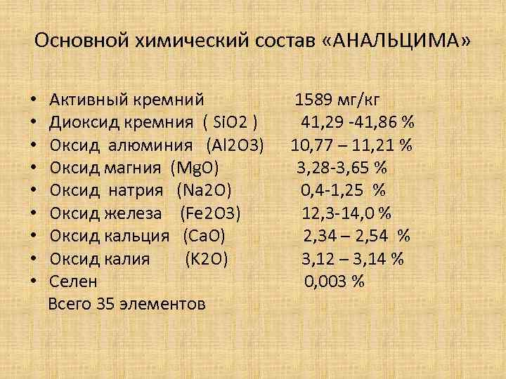 Основной химический состав «АНАЛЬЦИМА» • • • Активный кремний Диоксид кремния ( Si. O