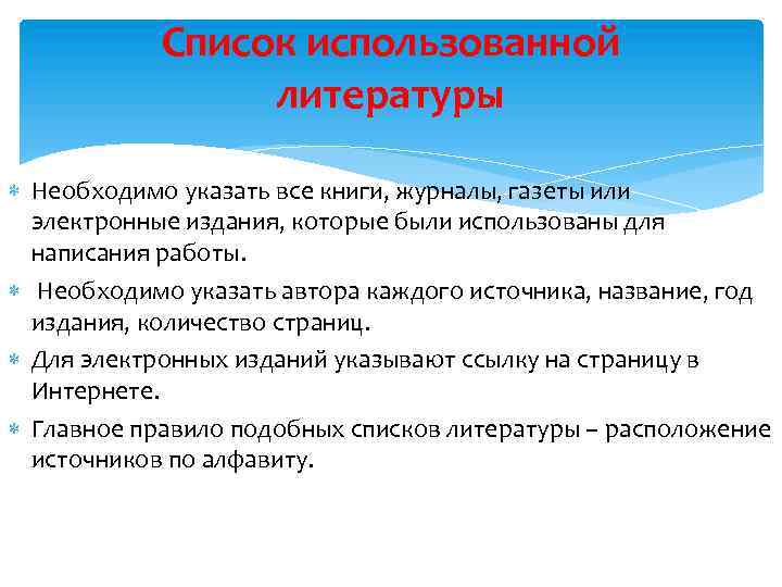 Список использованной литературы Необходимо указать все книги, журналы, газеты или электронные издания, которые были