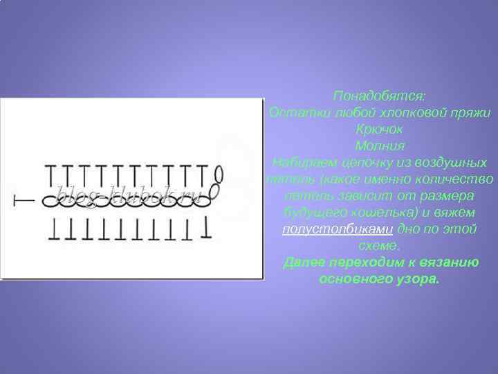 Понадобятся: Остатки любой хлопковой пряжи Крючок Молния Набираем цепочку из воздушных петель (какое именно