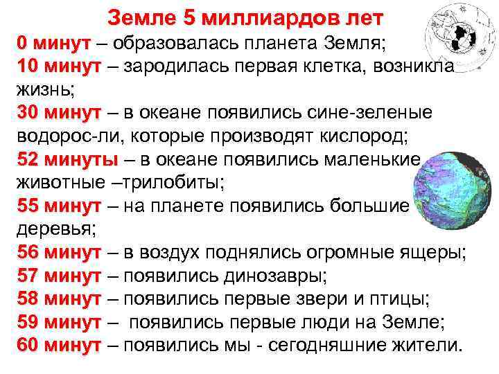 Земле 5 миллиардов лет 0 минут – образовалась планета Земля; 10 минут – зародилась