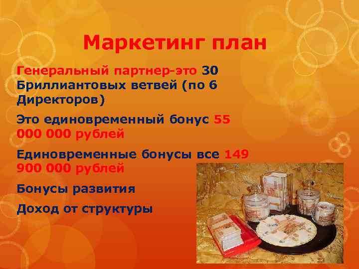Маркетинг план Генеральный партнер-это 30 Бриллиантовых ветвей (по 6 Директоров) Это единовременный бонус 55