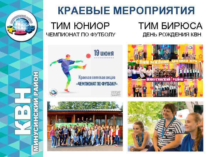 КРАЕВЫЕ МЕРОПРИЯТИЯ ТИМ ЮНИОР ЧЕМПИОНАТ ПО ФУТБОЛУ ТИМ БИРЮСА ДЕНЬ РОЖДЕНИЯ КВН 