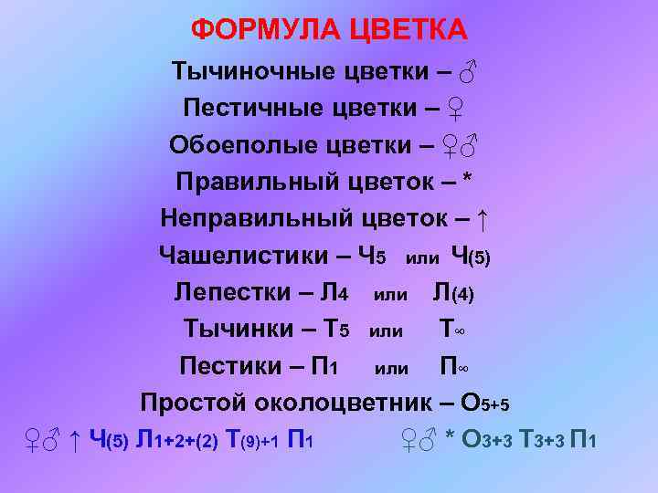 ФОРМУЛА ЦВЕТКА Тычиночные цветки – ♂ Пестичные цветки – ♀ Обоеполые цветки – ♀♂