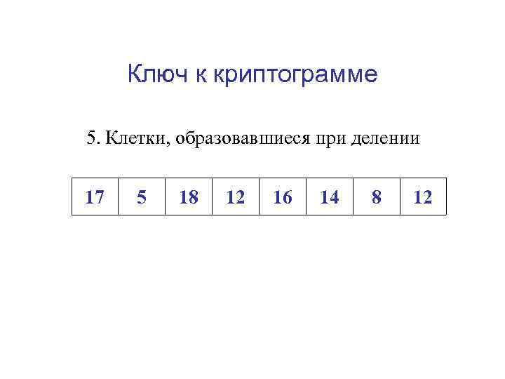 Ключ к криптограмме 5. Клетки, образовавшиеся при делении 17 5 18 12 16 14