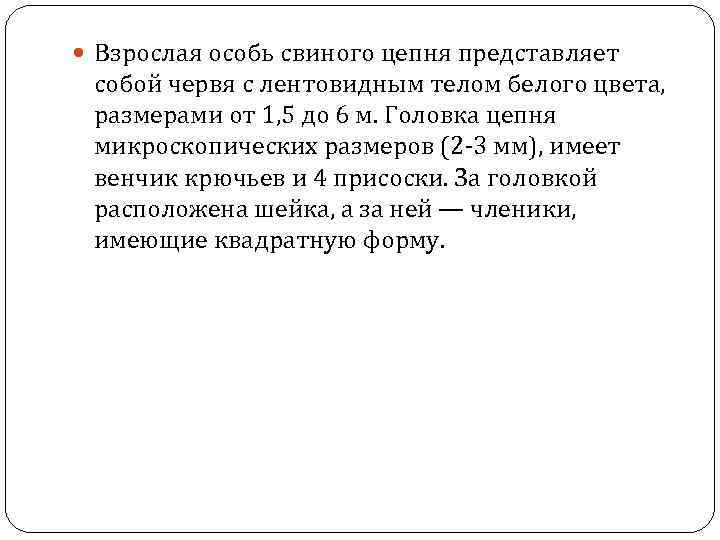  Взрослая особь свиного цепня представляет собой червя с лентовидным телом белого цвета, размерами