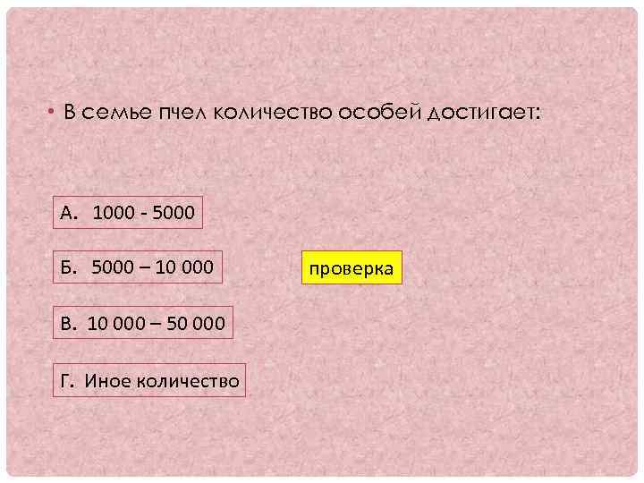  • В семье пчел количество особей достигает: А. 1000 - 5000 Б. 5000