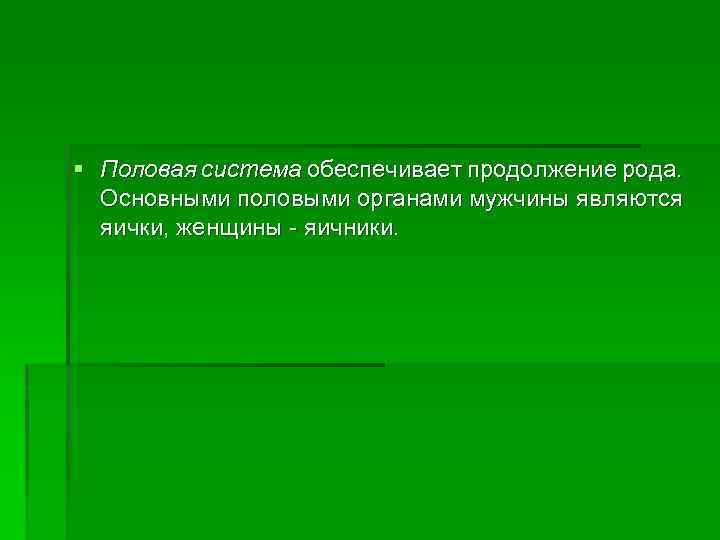 § Половая система обеспечивает продолжение рода. Основными половыми органами мужчины являются яички, женщины яичники.