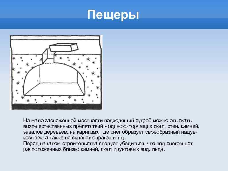 Пещеры На мало заснеженной местности подходящий сугроб можно отыскать возле естественных препятствий - одиноко