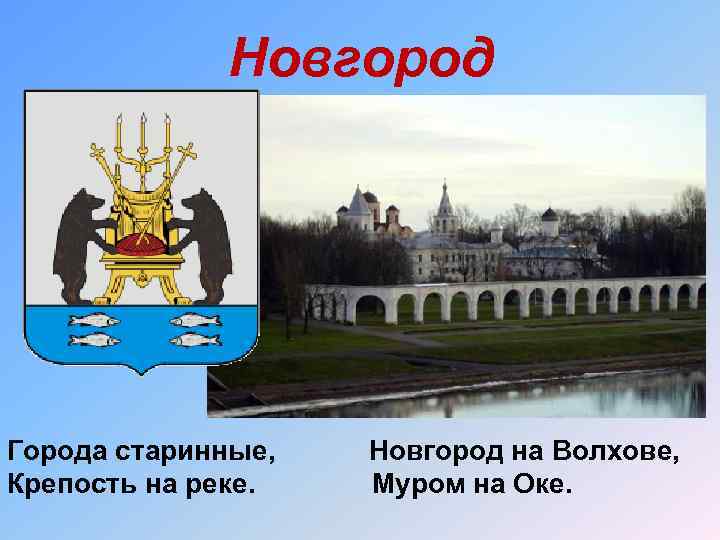 Новгород Города старинные, Крепость на реке. Новгород на Волхове, Муром на Оке. 