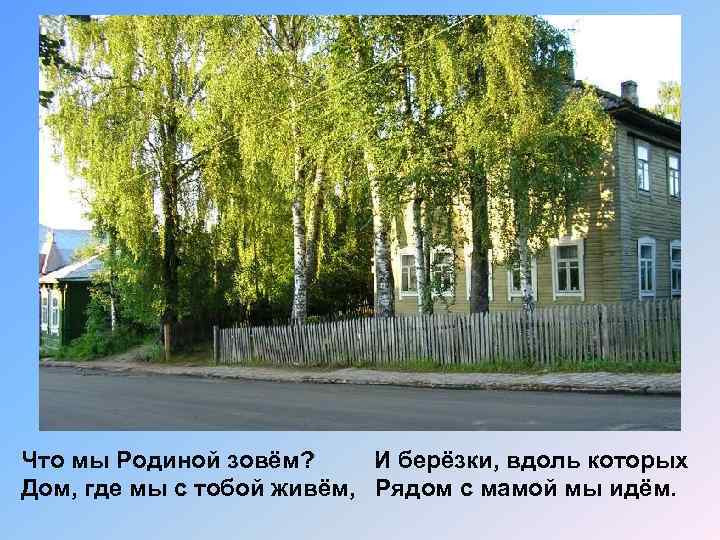 Что мы Родиной зовём? И берёзки, вдоль которых Дом, где мы с тобой живём,