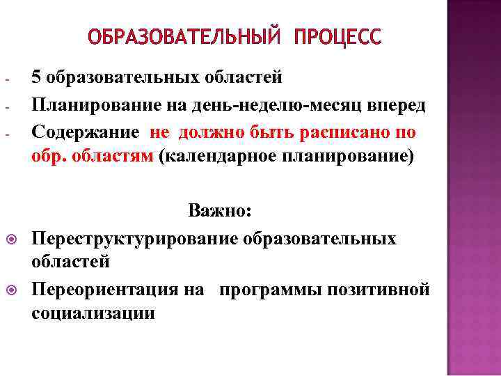 ОБРАЗОВАТЕЛЬНЫЙ ПРОЦЕСС - 5 образовательных областей Планирование на день-неделю-месяц вперед Содержание не должно быть