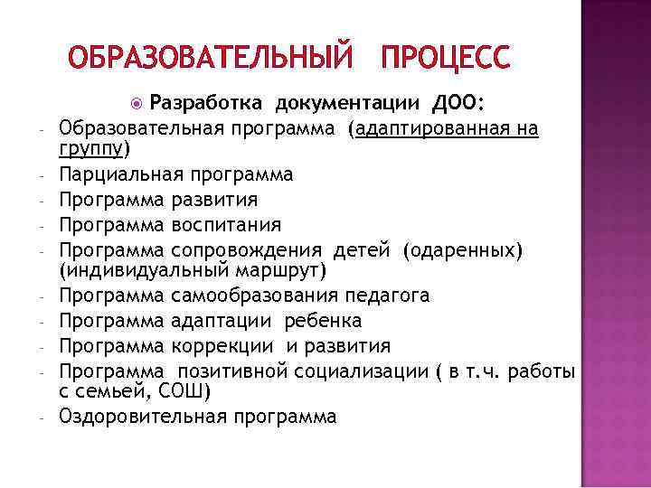 ОБРАЗОВАТЕЛЬНЫЙ ПРОЦЕСС Разработка документации ДОО: Образовательная программа (адаптированная на группу) Парциальная программа Программа развития