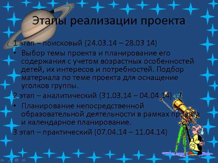 Этапы реализации проекта 1 этап – поисковый (24. 03. 14 – 28. 03 14)