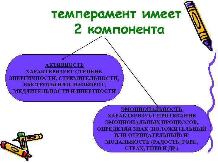 темперамент имеет 2 компонента АКТИВНОСТЬ ХАРАКТЕРИЗУЕТ СТЕПЕНЬ ЭНЕРГИЧНОСТИ, СТРЕМИТЕЛЬНОСТИ, БЫСТРОТЫ ИЛИ, НАОБОРОТ, МЕДЛИТЕЛЬНОСТИ И