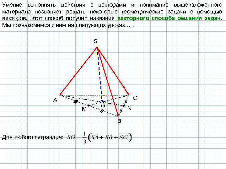 Умение выполнять действия с векторами и понимание вышеизложенного материала позволяет решать некоторые геометрические задачи