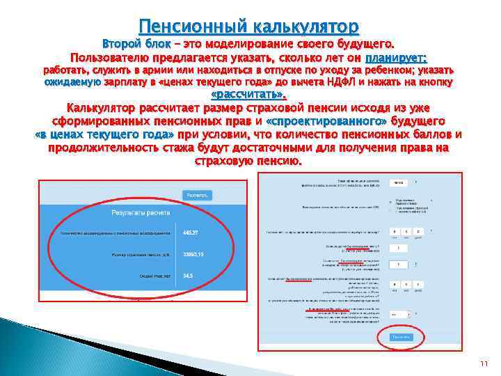 Пенсионный калькулятор Второй блок – это моделирование своего будущего. Пользователю предлагается указать, сколько лет