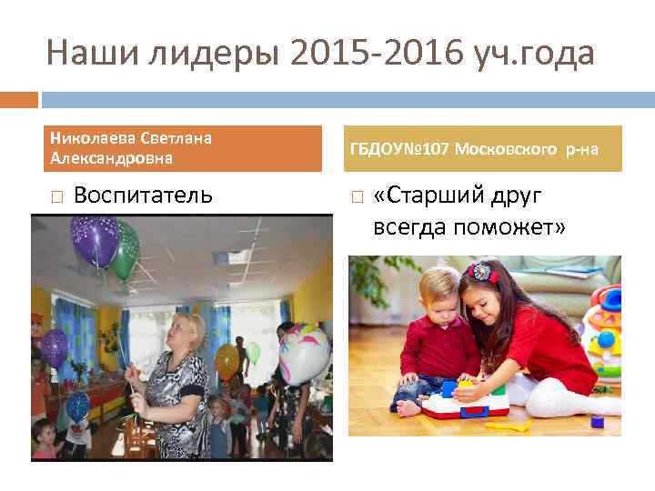 Наши лидеры 2015 -2016 уч. года Николаева Светлана Александровна Воспитатель ГБДОУ№ 107 Московского р-на