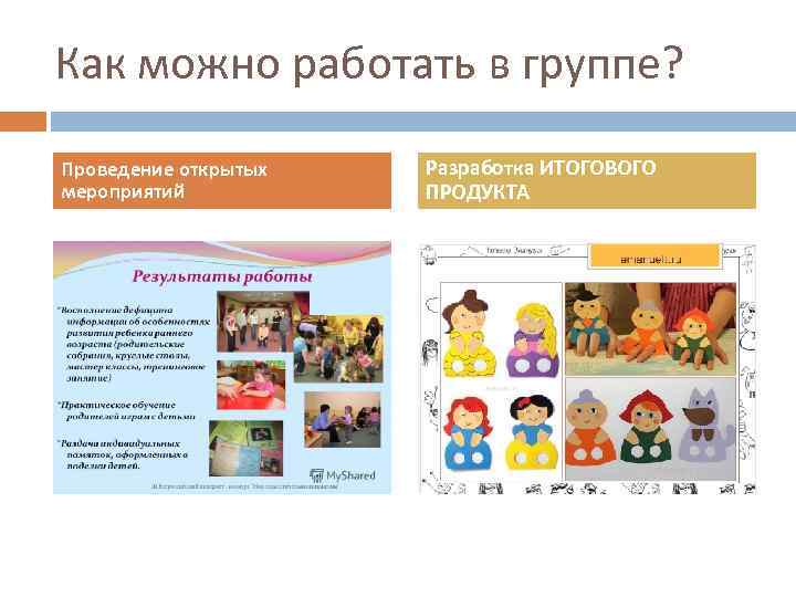 Как можно работать в группе? Проведение открытых мероприятий Разработка ИТОГОВОГО ПРОДУКТА 