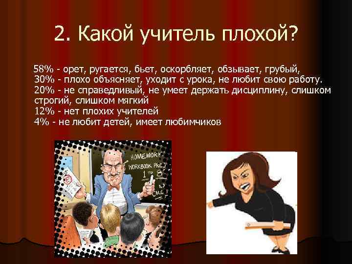 2. Какой учитель плохой? 58% - орет, ругается, бьет, оскорбляет, обзывает, грубый, 30% -