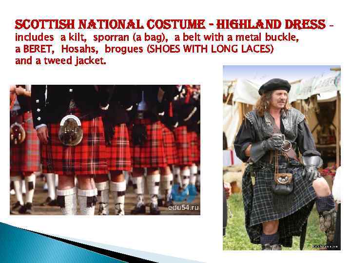 scottish national costume - highland dress – includes a kilt, sporran (a bag), a