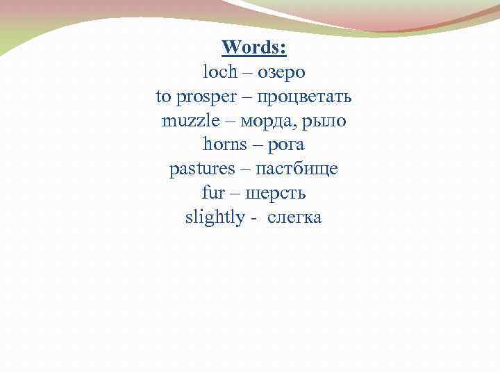 Words: loch – озеро to prosper – процветать muzzle – морда, рыло horns –