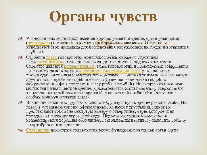 Органы чувств У головоногих моллюсков имеется хорошо развитое зрение, орган равновесия (статоцисты) и множество