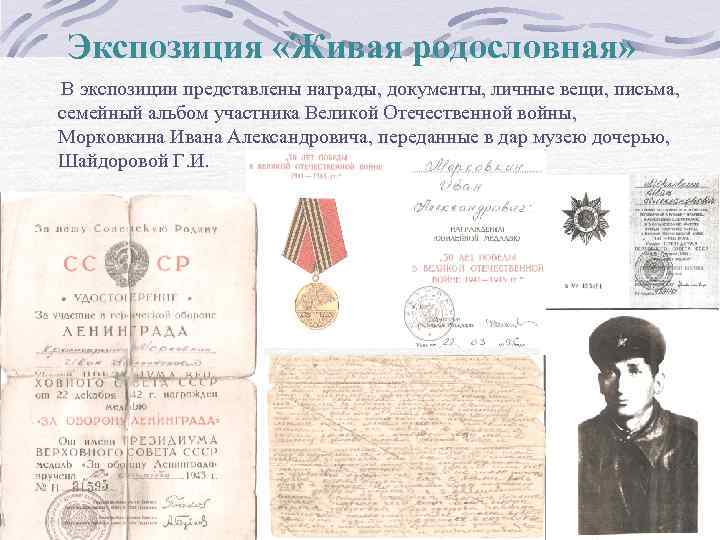 Экспозиция «Живая родословная» В экспозиции представлены награды, документы, личные вещи, письма, семейный альбом участника