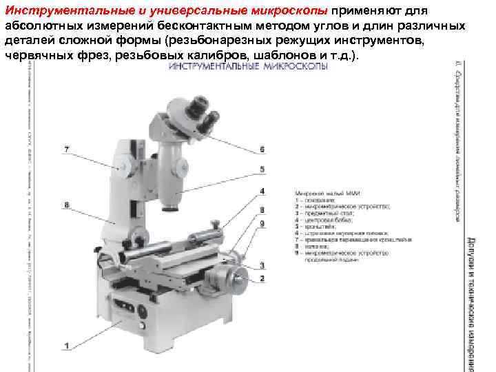 Инструментальные и универсальные микроскопы применяют для абсолютных измерений бесконтактным методом углов и длин различных