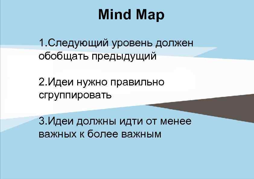 Mind Map 1. Следующий уровень должен обобщать предыдущий 2. Идеи нужно правильно сгруппировать 3.
