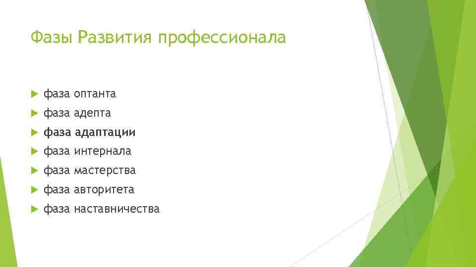 Фазы Развития профессионала фаза оптанта фаза адепта фаза адаптации фаза интернала фаза мастерства фаза