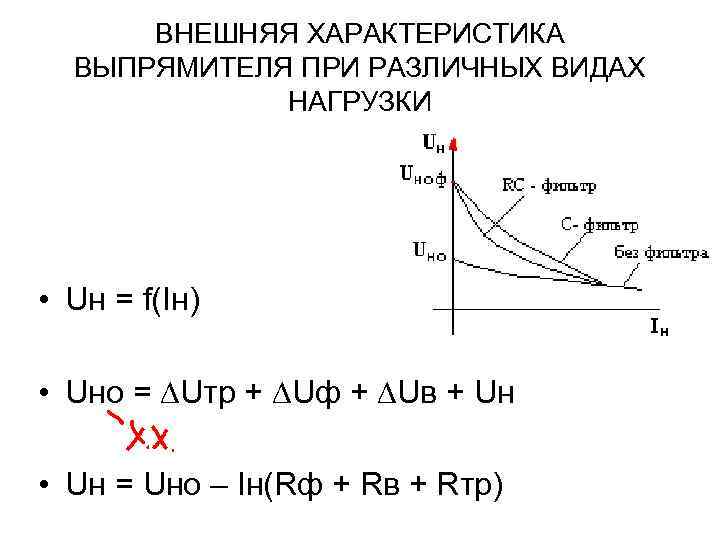 ВНЕШНЯЯ ХАРАКТЕРИСТИКА ВЫПРЯМИТЕЛЯ ПРИ РАЗЛИЧНЫХ ВИДАХ НАГРУЗКИ • Uн = f(Iн) • Uно =