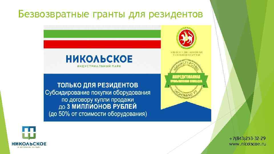 Безвозвратные гранты для резидентов +7(843)253 -32 -29 www. nicolscoe. ru 