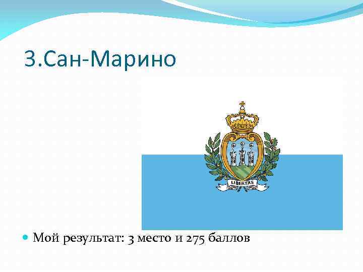 3. Сан-Марино Мой результат: 3 место и 275 баллов 