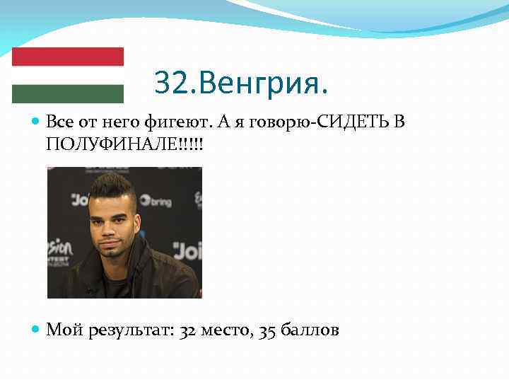 32. Венгрия. Все от него фигеют. А я говорю-СИДЕТЬ В ПОЛУФИНАЛЕ!!!!! Мой результат: 32
