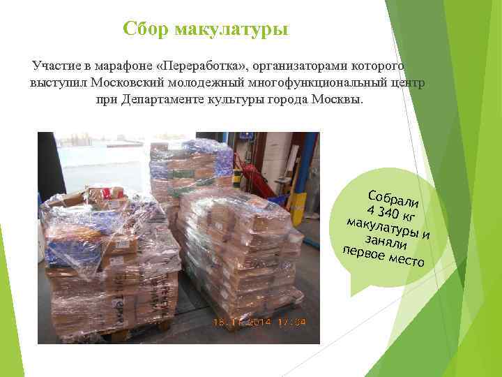 Сбор макулатуры Участие в марафоне «Переработка» , организаторами которого выступил Московский молодежный многофункциональный центр