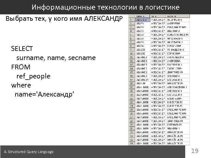 Информационные технологии в логистике Выбрать тех, у кого имя АЛЕКСАНДР SELECT surname, secname FROM